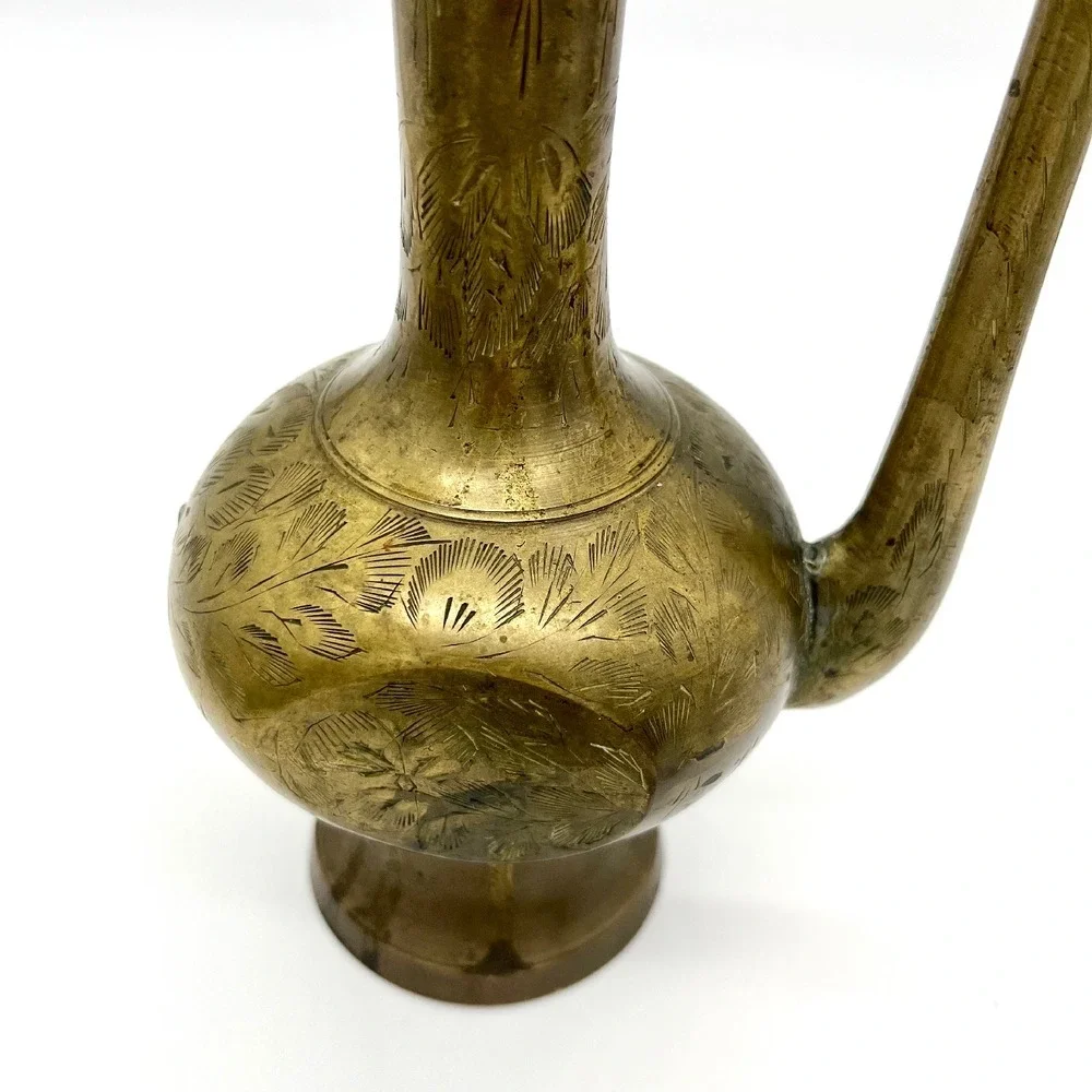Etched Brass Vase Pitcher Coffee Vintage Floral Design Home Decor 10